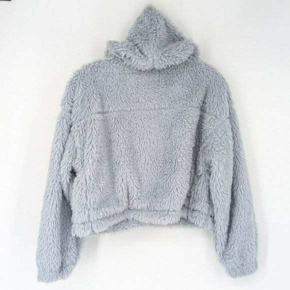 BDG Urban Outfitters Hoodie M Blue Sherpa Cropped Teddy Jacket Full Zip Cozy - Picture 11 of 12